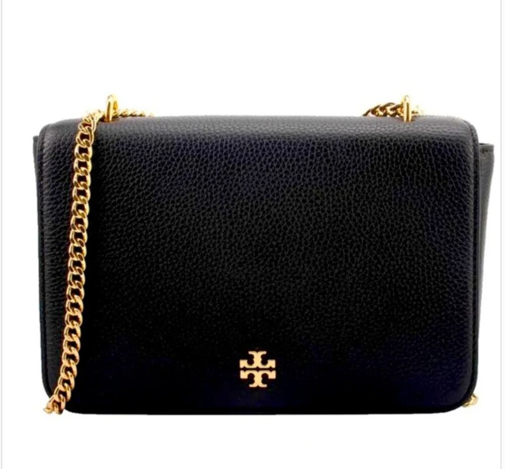 Tory Burch Carter Chain Crossbody Leather Shoulder Bag Purse Black Gold